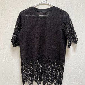 Zara Women's Textured Lace Top Blouse Short Sleeve Black Size